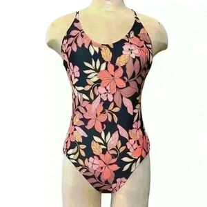 Aqua couture black floral one piece cross adjustable strap swimsuit